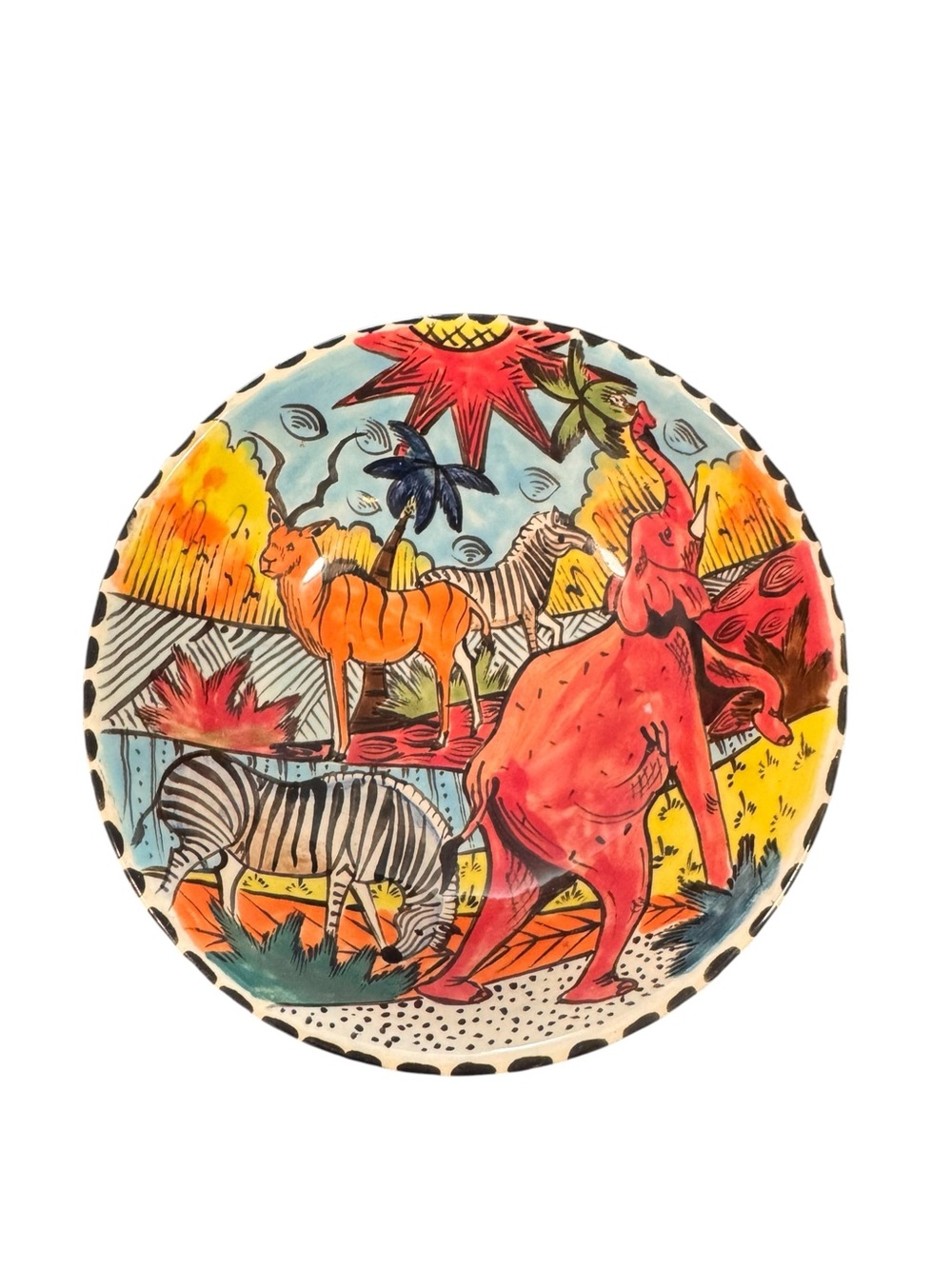 Penzo Zimbabwe Hand Painted Ceramic Safari Wildlife Bowl African Art 2006 Signed